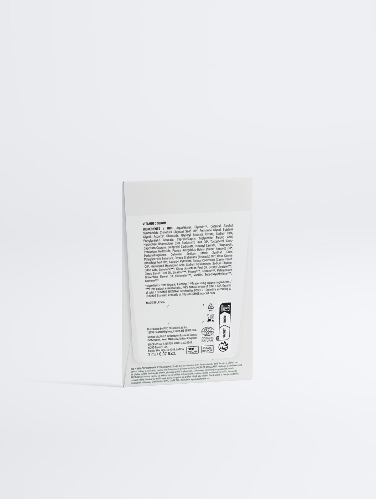 Ser cu vitamina C 2%, mostră 2 ml, plic Epic Beauty, spate cu ingrediente
