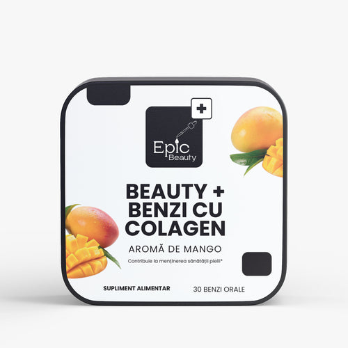 Cutie de supliment alimentar BEAUTY+ BENZI CU COLAGEN cu aromă de mango, 30 benzi orale.