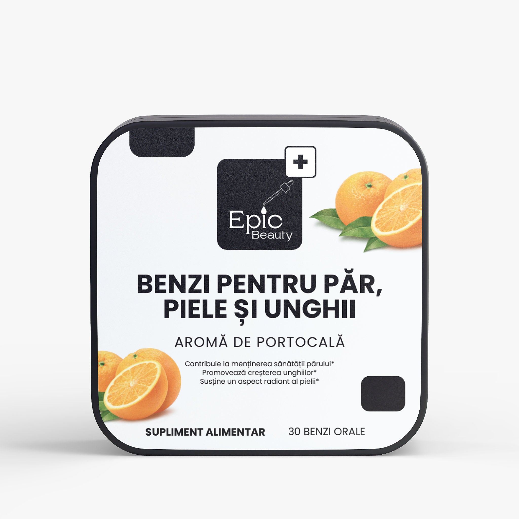 BENZI PENTRU PĂR, PIELE ȘI UNGHII - supliment alimentar cu aromă de portocală, cutie de 30 benzi orale.