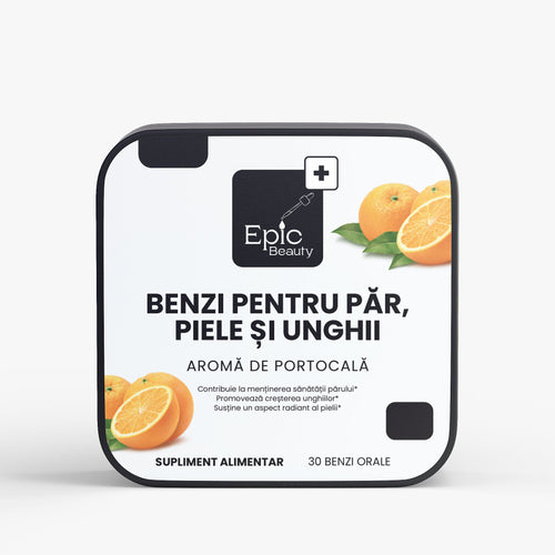 BENZI PENTRU PĂR, PIELE ȘI UNGHII - supliment alimentar cu aromă de portocală, cutie de 30 benzi orale.