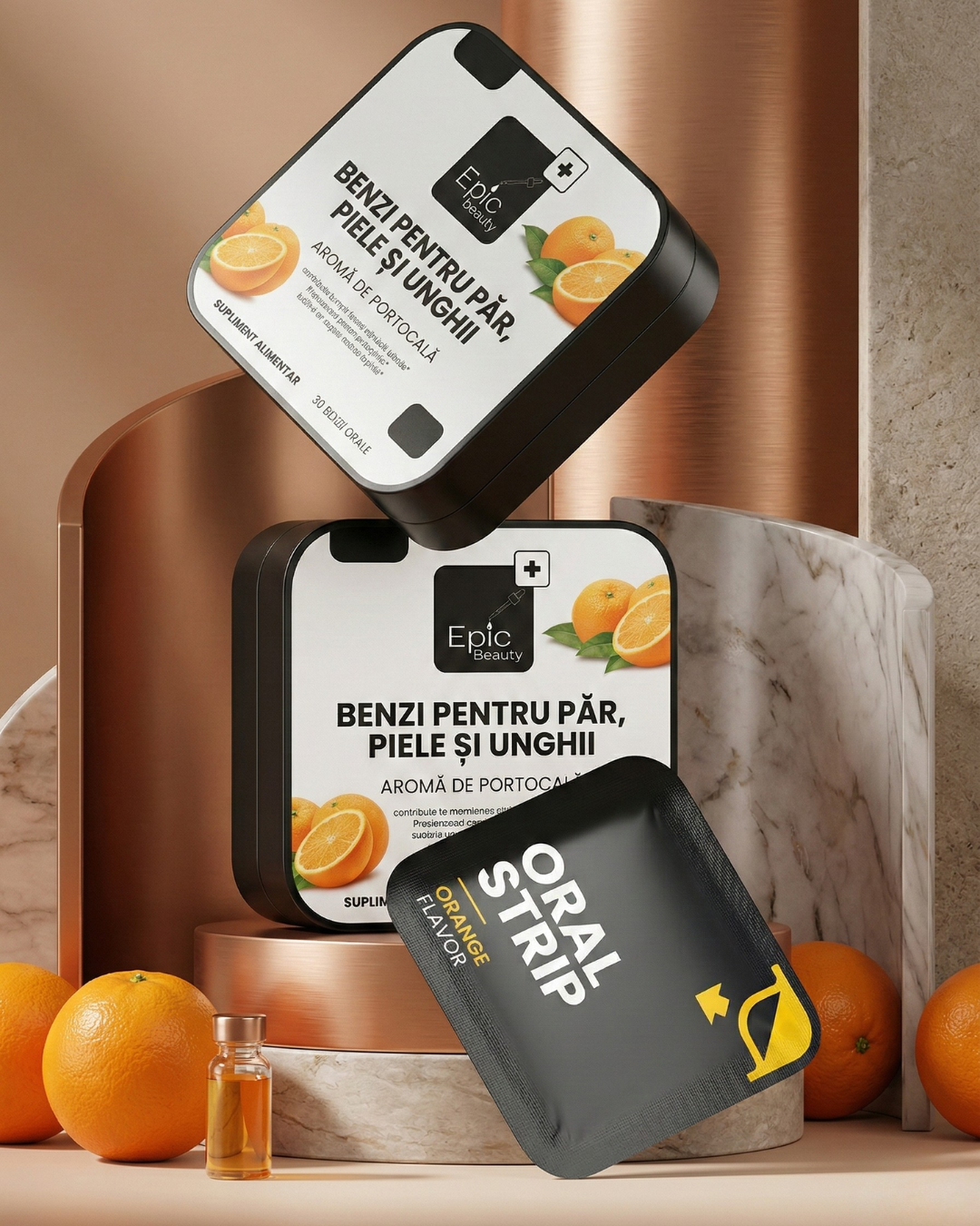 BENZI PENTRU PĂR, PIELE ȘI UNGHII - supliment alimentar cu aromă de portocală, benzi orale de la Epic Beauty.