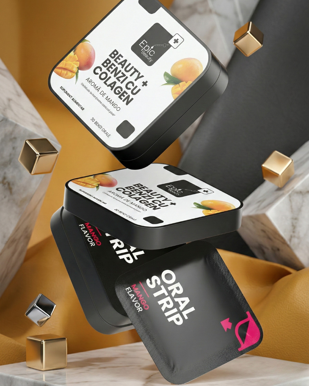 BEAUTY+ BENZI CU COLAGEN - supliment alimentar cu aromă de mango, peptide de colagen și vitamina E