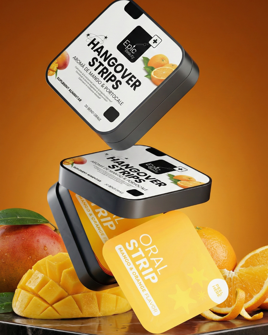 Hangover Strips package with mango-orange flavor on a vibrant background showcasing the product design.