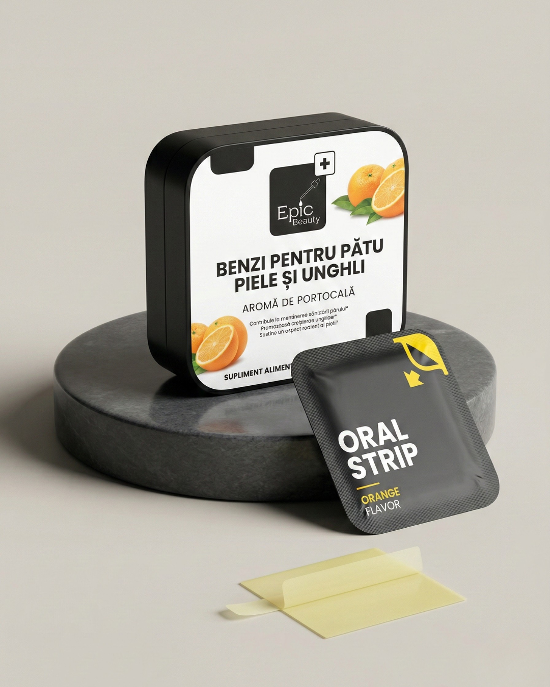 BENZI PENTRU PĂR, PIELE ȘI UNGHII - Supliment alimentar cu aromă de portocală, bandă orală Epic Beauty.