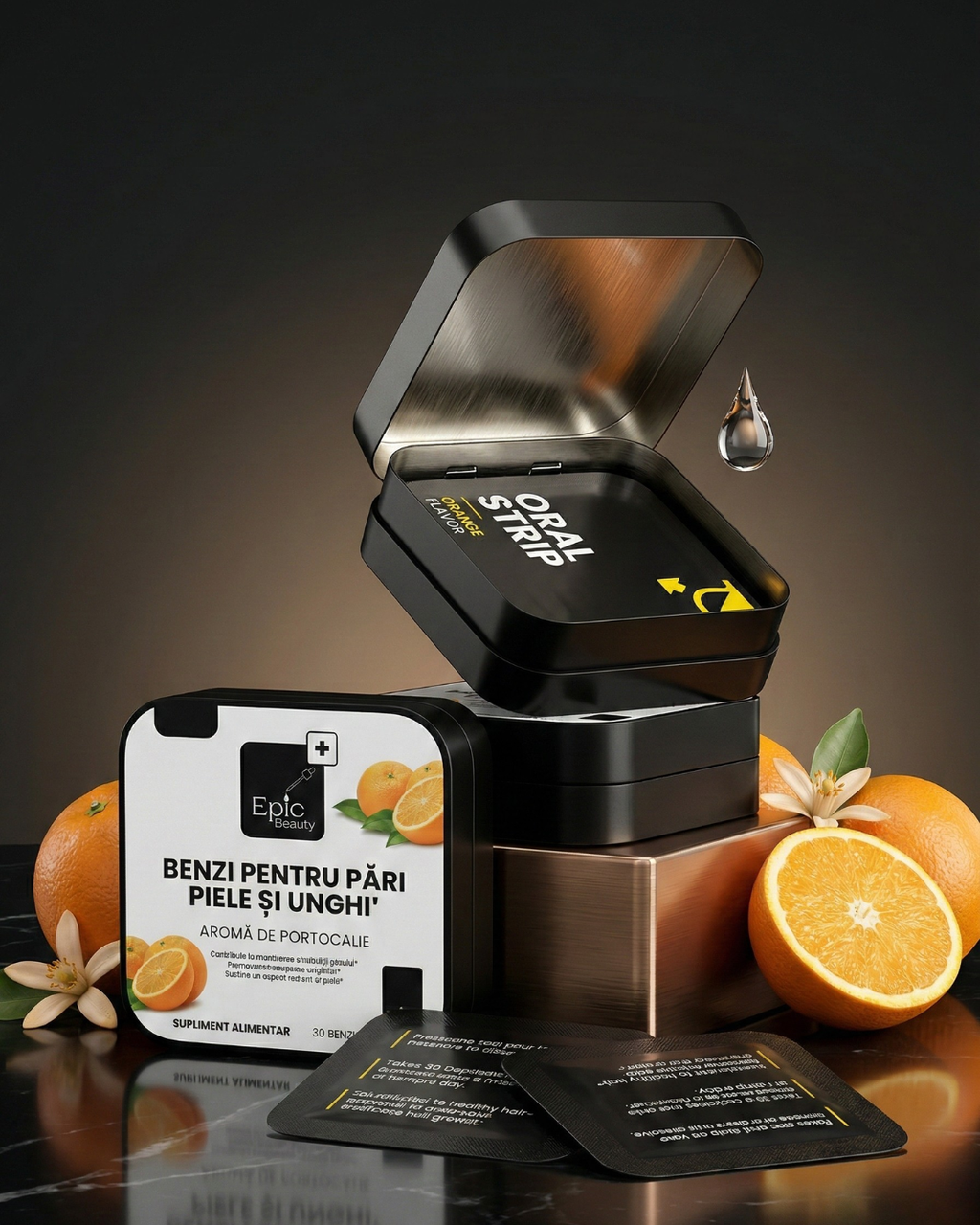BENZI PENTRU PĂR, PIELE ȘI UNGHII in a sleek black container with orange flavor and fresh oranges around.