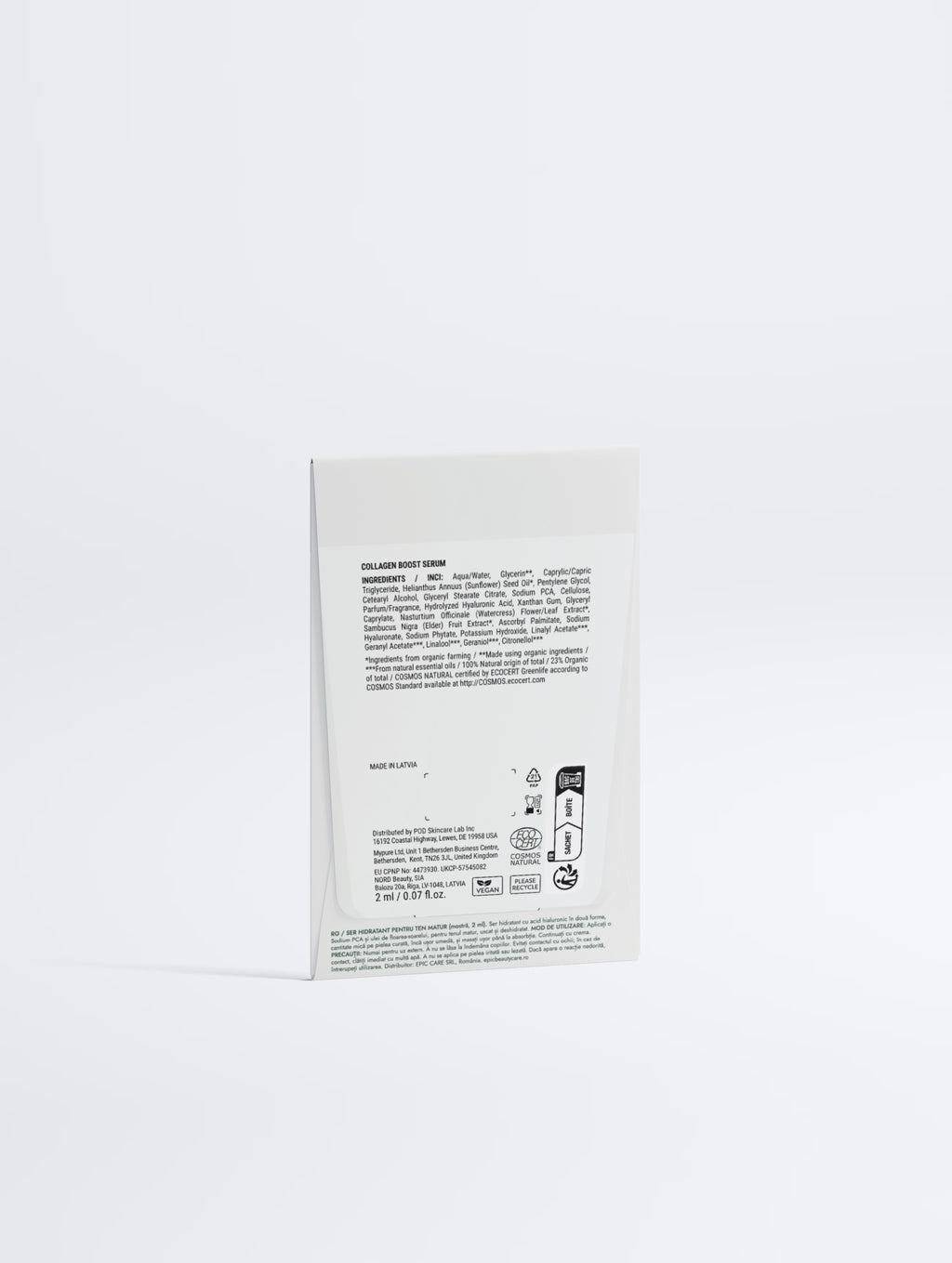 Ser hidratant pentru ten matur, mostră 2 ml, plic Epic Beauty, spate cu ingrediente