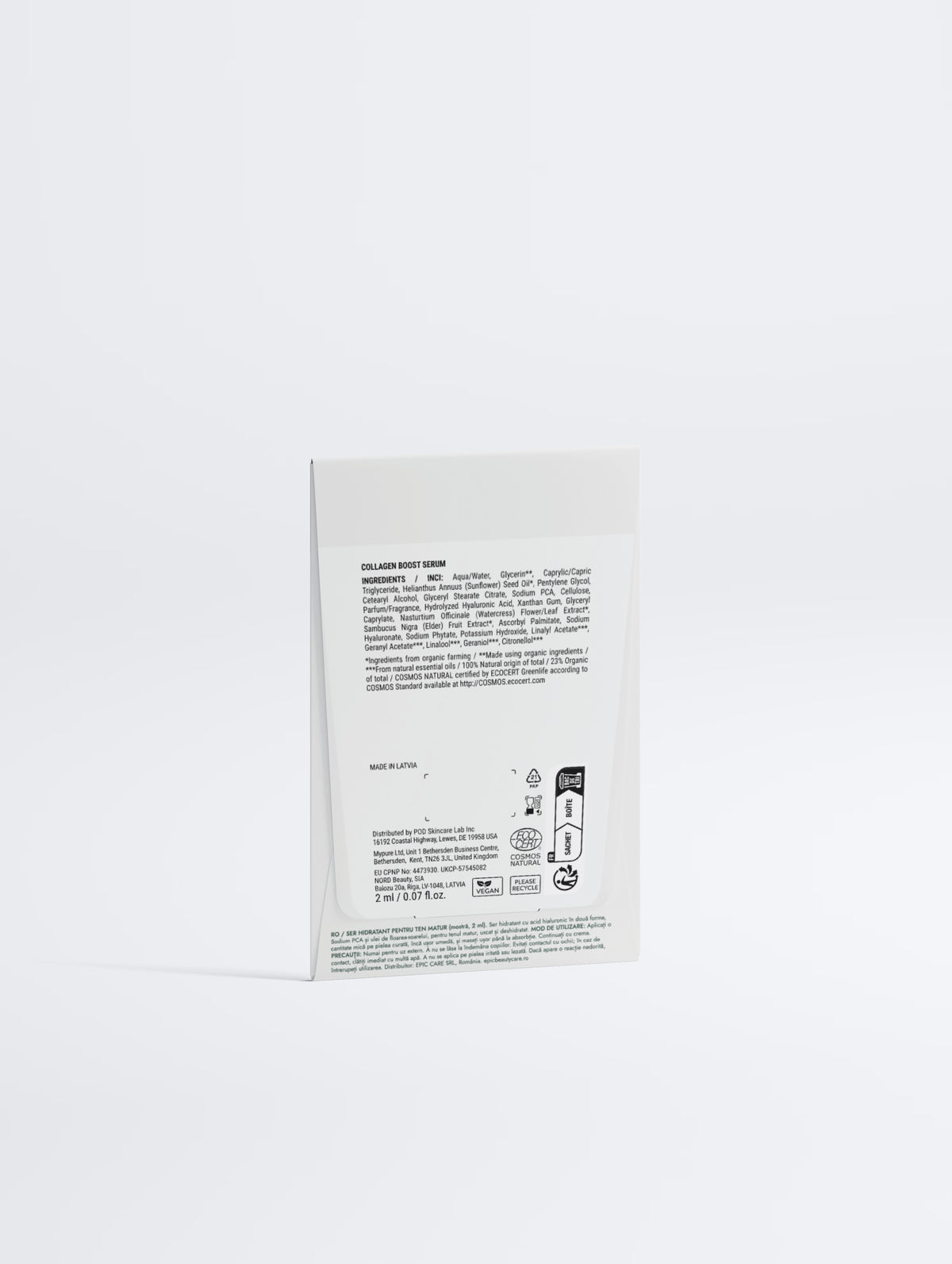Ser hidratant pentru ten matur, mostră 2 ml, plic Epic Beauty, spate cu ingrediente