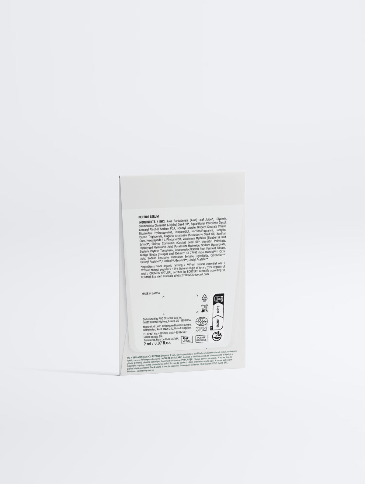 Ser anti-age cu peptide, mostră 2 ml, plic Epic Beauty, spate cu ingrediente